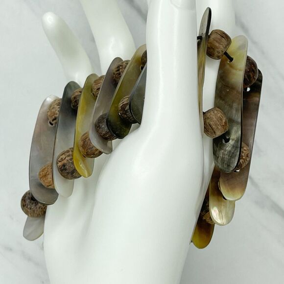 Wide Abalone Shell Ladder Beaded Stretch Bracelet - Picture 7 of 9